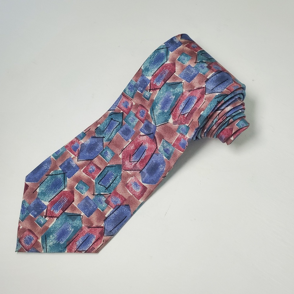 Van Heusen 417 Necktie‎ All Silk 80s Geometric Design Blue Brown Mens Tie